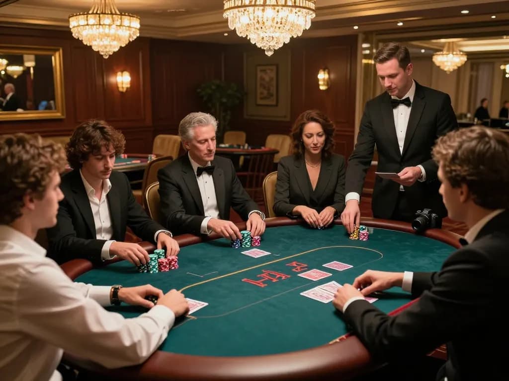 Pemain yang terlibat dalam permainan poker dengan taruhan tinggi di kasino mewah, menampilkan gameplay yang strategis dan suasana kasino, menampilkan https://virtualpaymentsystems.com/about sebagai pl
