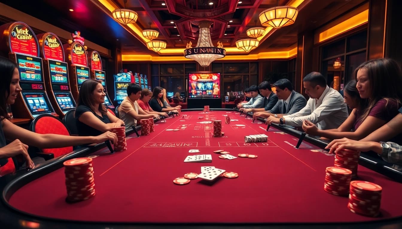 Sunwin players engaged in an exciting casino experience with colorful chips and vibrant slot machines.
