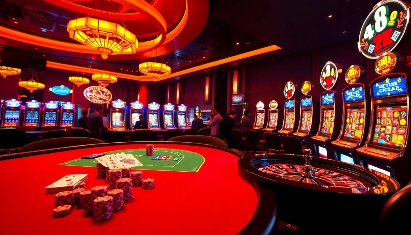 A vibrant casino scene showcasing a poker table and roulette wheel, highlighting the excitement of 8kbet co in online gambling.