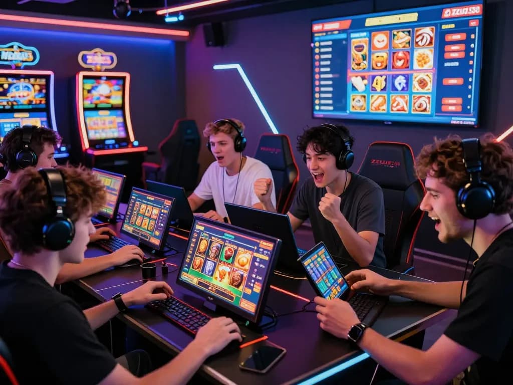 Excited players engaging with the Zeus138 gaming platform showcasing high RTP slots and vibrant graphics in a lively esports cafe.