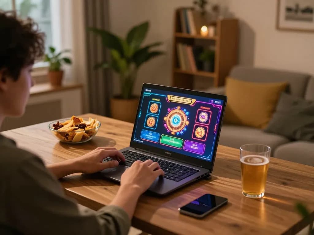 Engaging in online gambling on VeggieVisionDating platform, showcasing a fun home gaming environment.