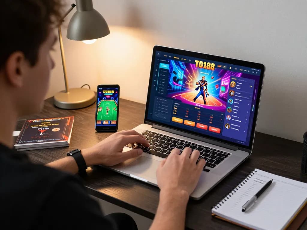 Engaging online gambling session with TO188, featuring a player exploring casino games and strategies