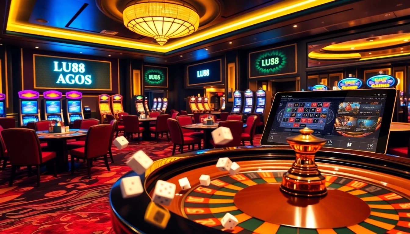 Experience the thrill of gambling at LU88, featuring poker tables and a roulette wheel.