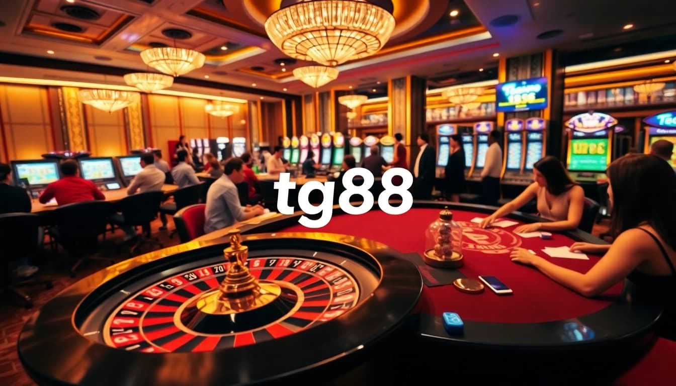 Experience high-stakes excitement at TG88 with a vibrant casino scene featuring tables and games.
