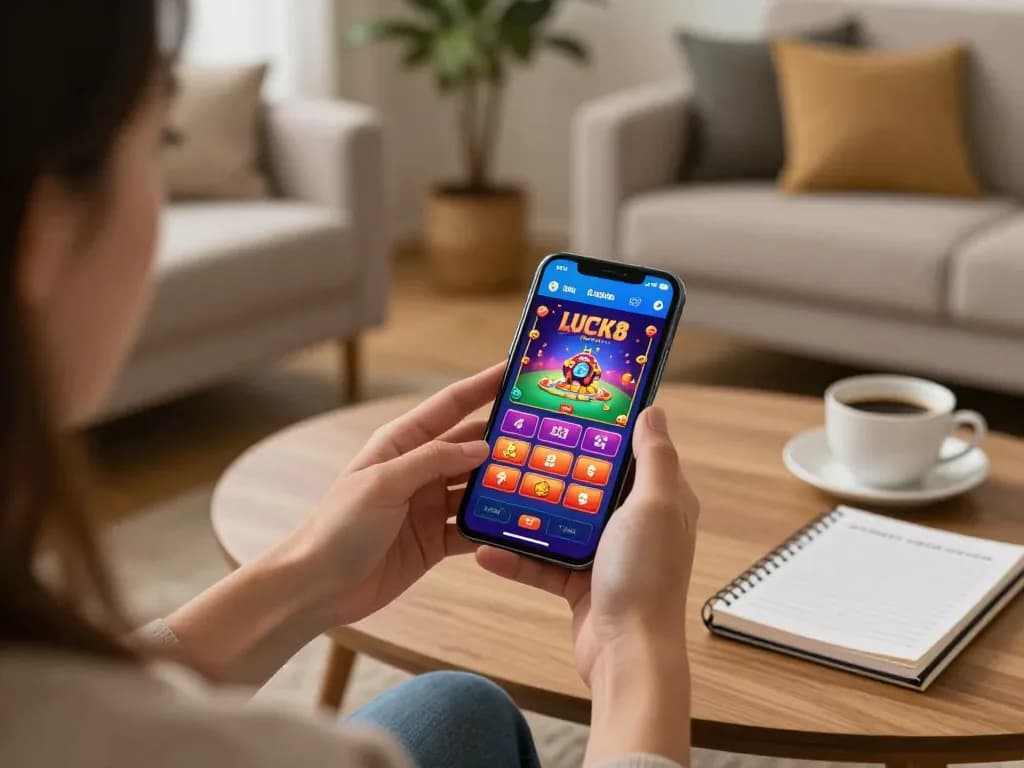 Player using Luck8 app on smartphone for engaging online casino game.