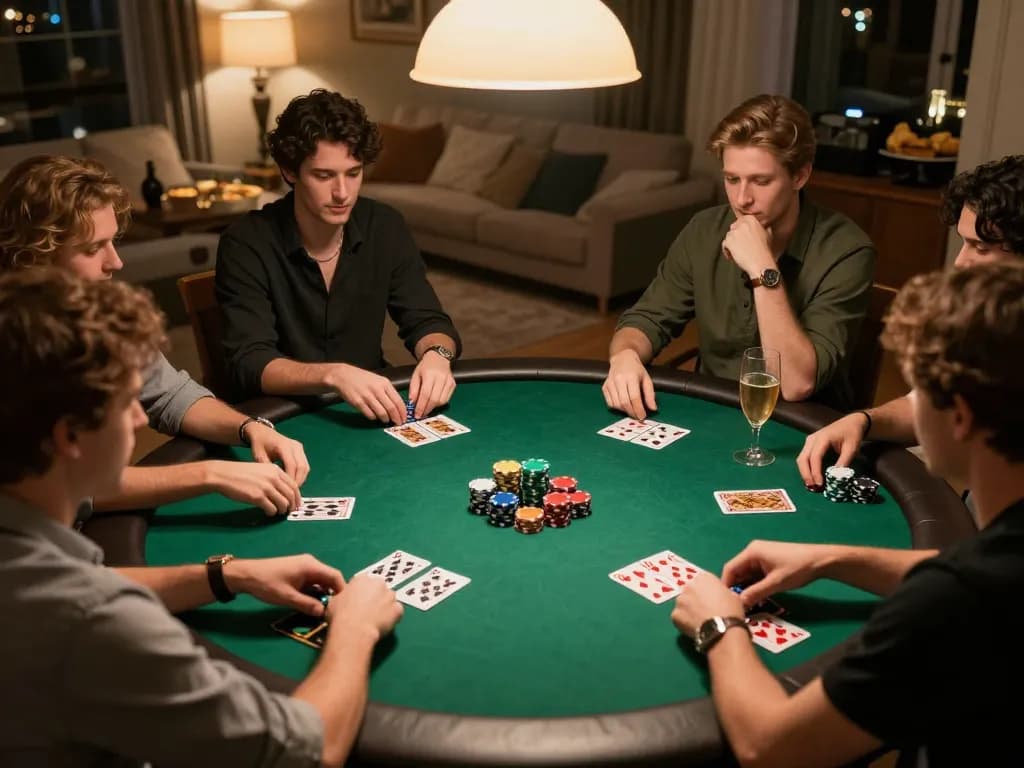 Sahabat menikmati permainan poker di rumah, menunjukkan aspek sosial dari perjudian dengan kiu77.