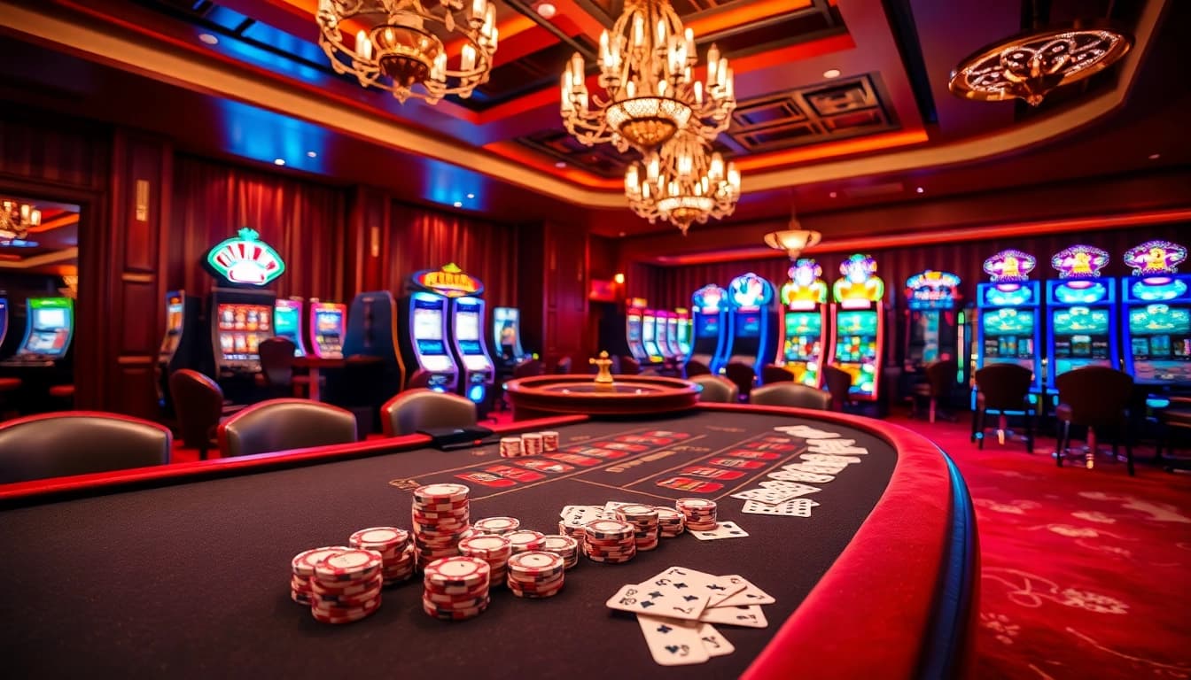 RR88 offers an exciting casino experience with vibrant slot machines and a high-stakes poker table.