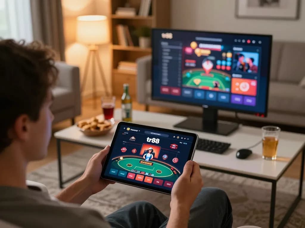 Engaging with the tr88. casino app on a tablet in a cozy living room setting
