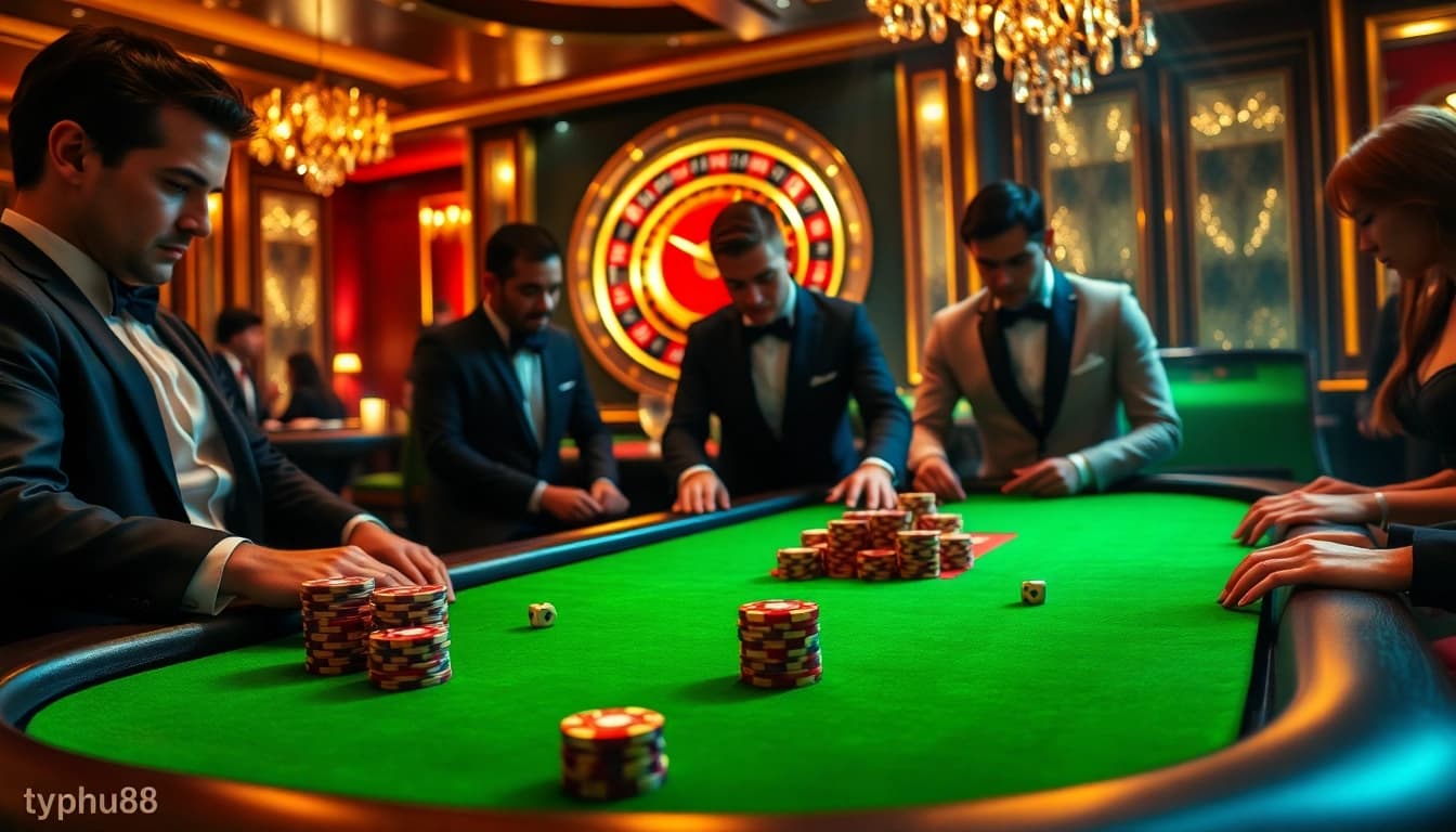 Experience the thrill of Typhu88's casino environment with vibrant poker tables and engaging players.