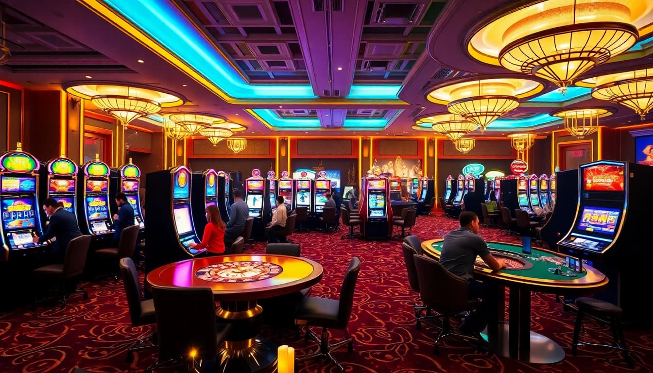 Excited players enjoying the vibrant slot machines at MN88 casino, capturing the thrill of gambling.