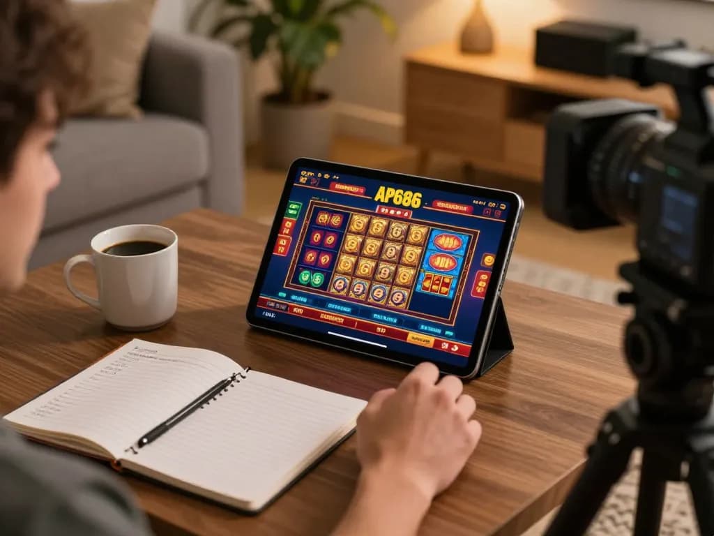 Pemain menikmati pengalaman kasino online di tablet ap686 di rumah dengan catatan taruhan dan kopi.