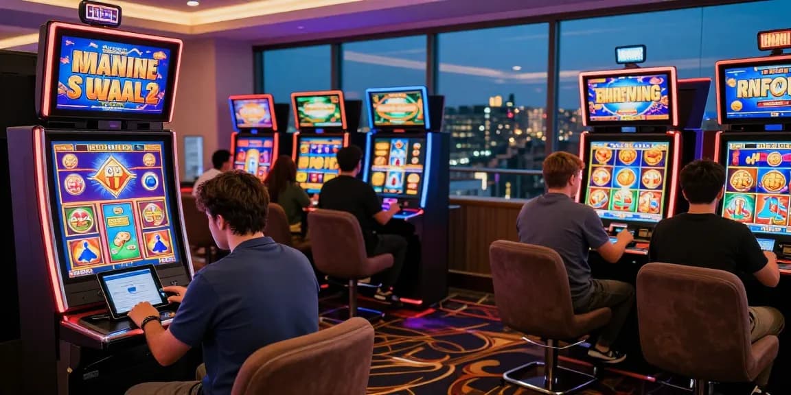 Players enjoying bonus buy slots at a stylish online casino, celebrating wins and engaging with vibrant game mechanics.