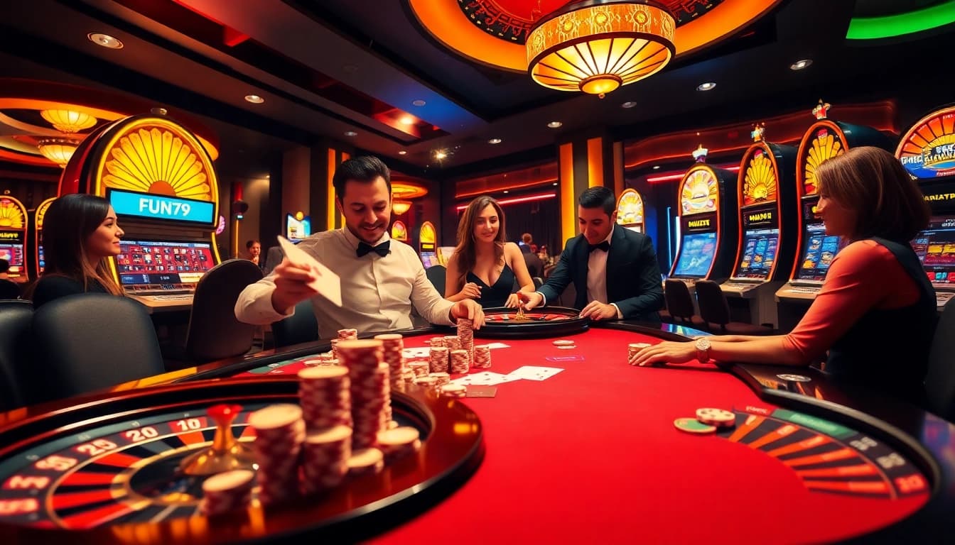 Experience the thrill of gaming at FUN79, showcasing exciting casino action with poker and roulette.