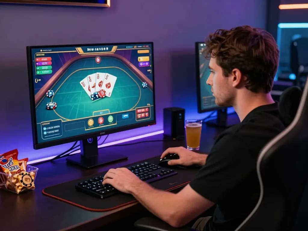 Get into the action with Win138, showcasing an exciting online poker session in a stylish home setup.