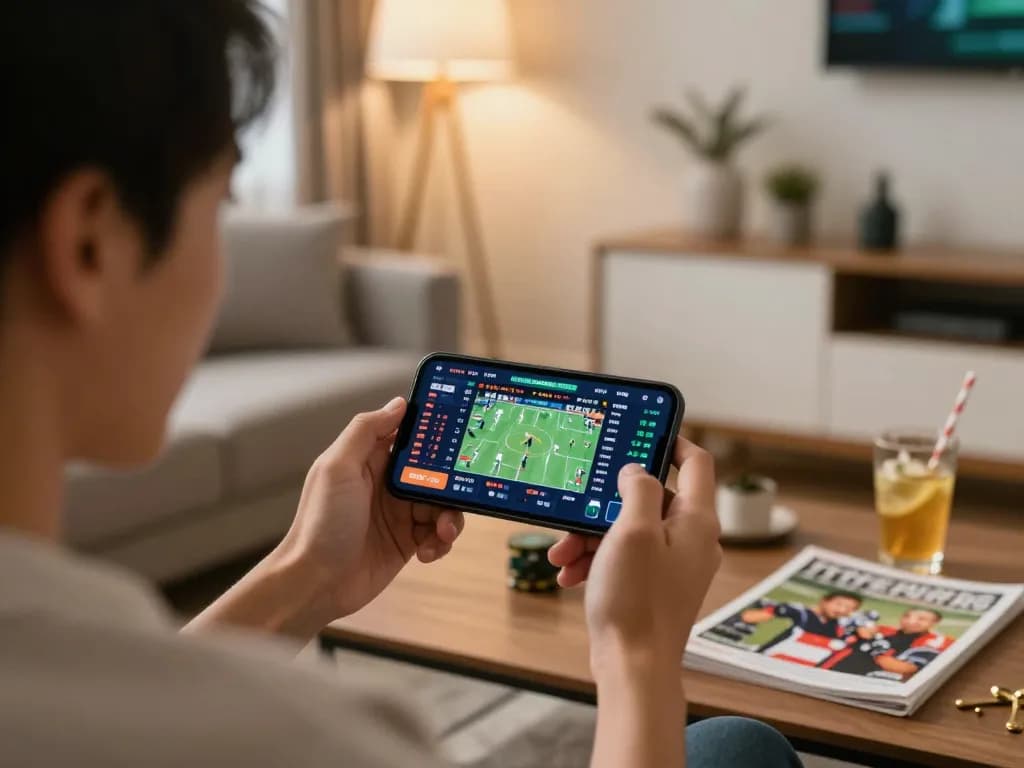 Engaging in live sports betting with VIN88 on smartphone, showcasing excitement.