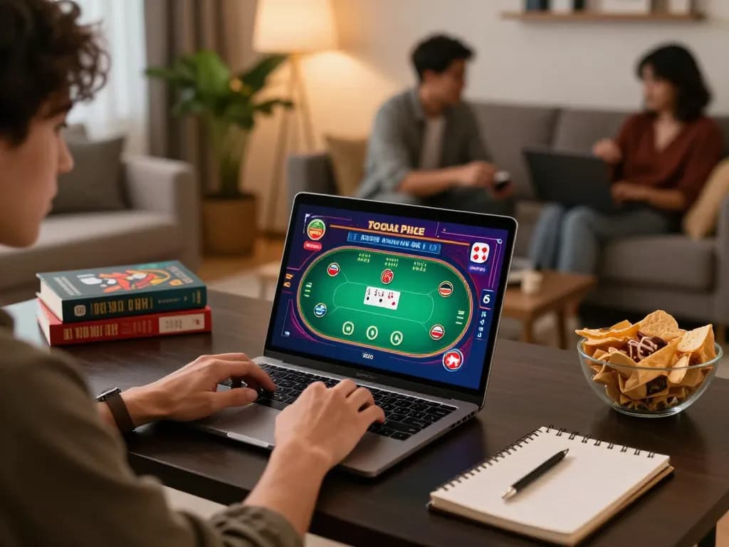 Player engaging with F168 poker game on laptop in stylish home setup, showcasing relaxing gameplay atmosphere