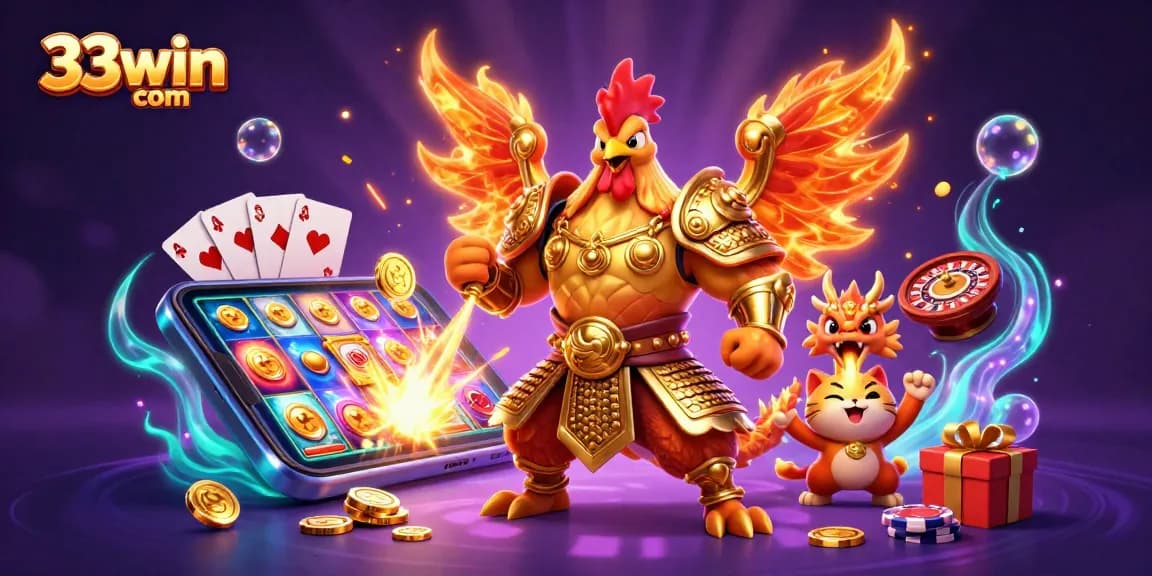 Experience the dynamic action of 33win com through a vibrant online casino illustration featuring a rooster warrior and more.