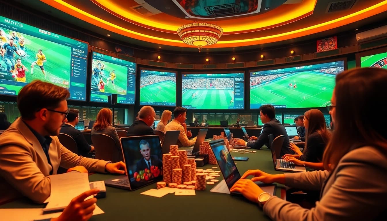 Engaging in Judi Bola Online betting action at a lively digital sportsbook featuring vibrant colors and dynamic gameplay.