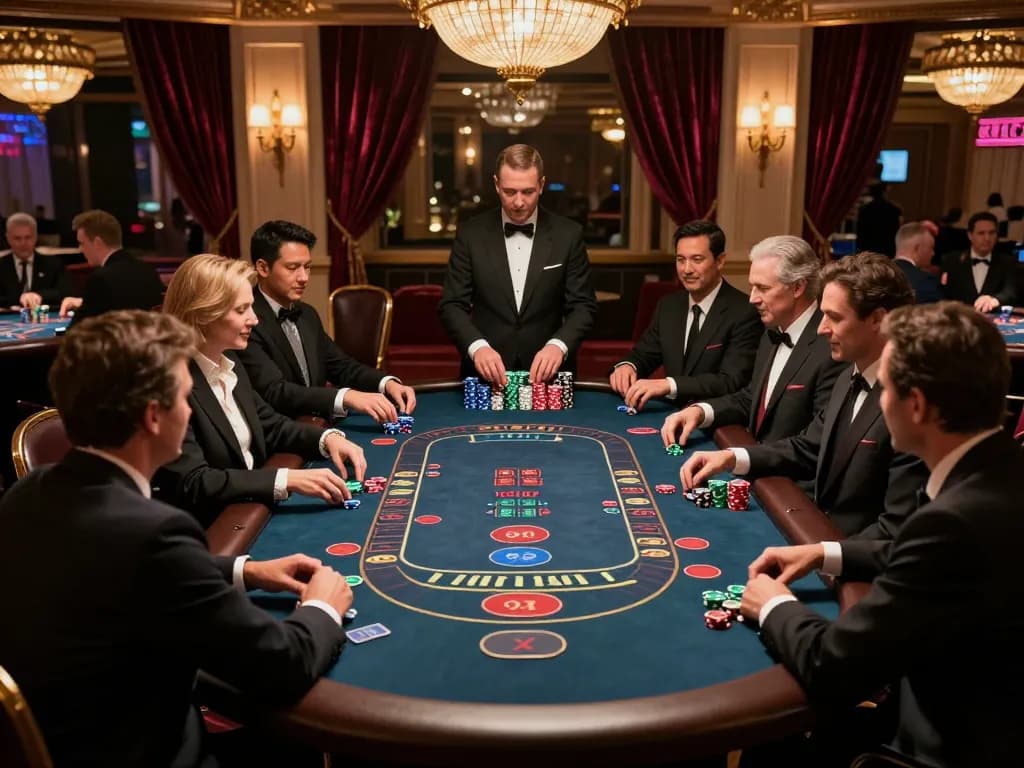 11win players strategizing at a high-stakes blackjack table in a luxurious casino setting.