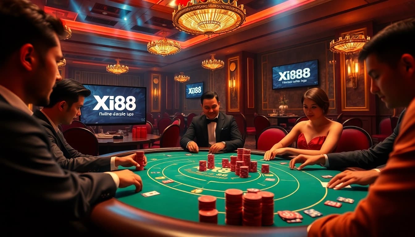 Xin88 players engaged in high-stakes poker at a luxurious casino table.