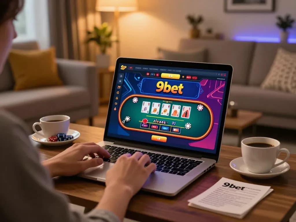 Person playing at 9bet online casino on laptop with live dealer gameplay in cozy living room setting.