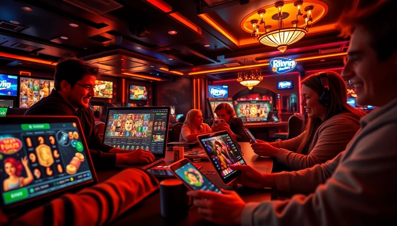 Rikvip online gaming scene with engaging players and diverse games presented in a vibrant, inviting atmosphere.