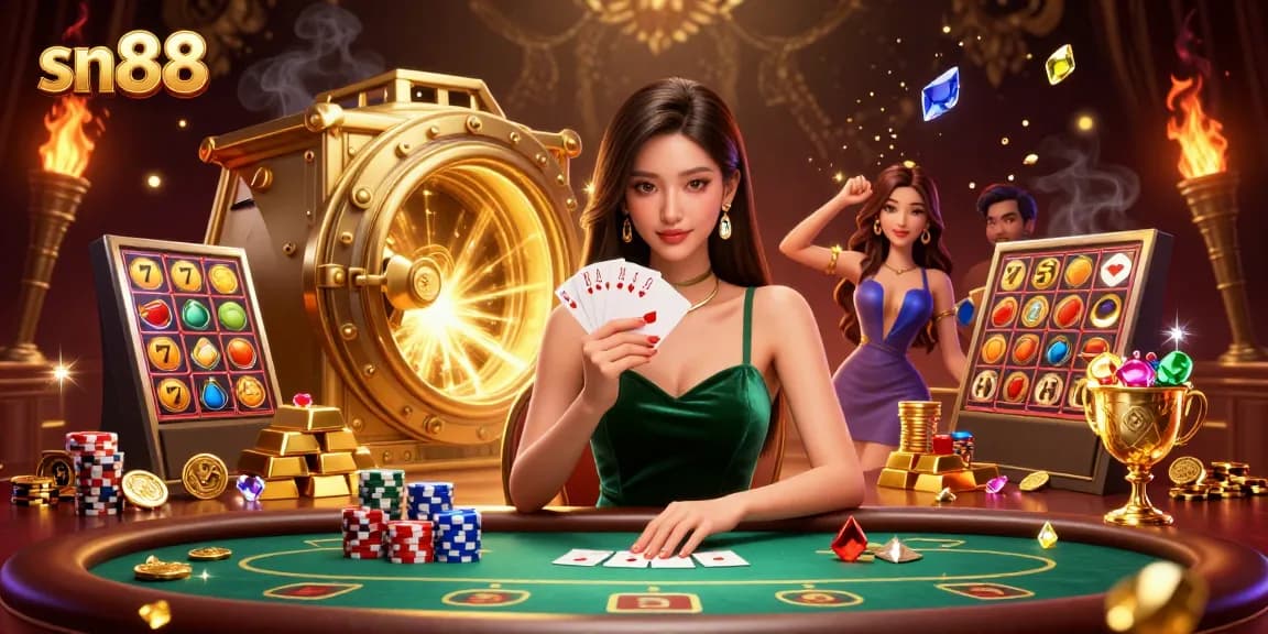 Experience the excitement of sn88 with a strategic poker game scene illuminated by gold treasures.