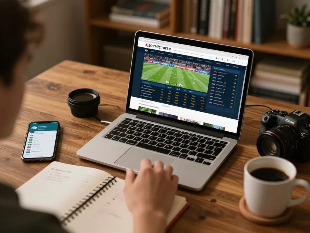 KÈO TRỰC TUYẾN sports betting analysis setup with laptop and strategic notes
