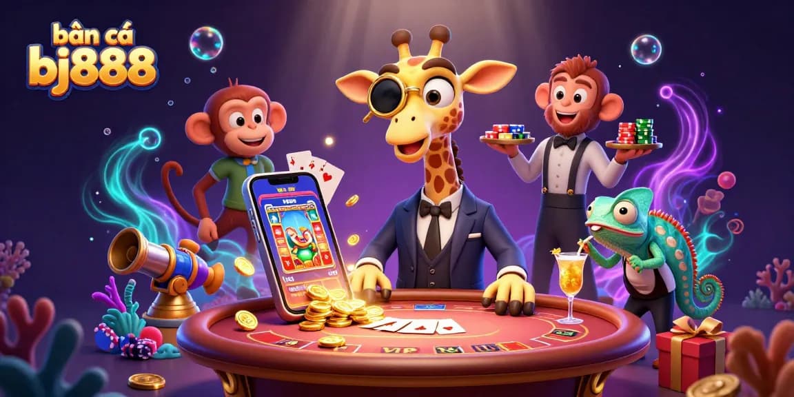 Bắn cá bj888 features a vibrant underwater casino scene with an animated giraffe and lively sea creatures