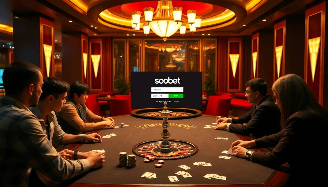Experience sbobet link login interactions through vibrant casino scenes with poker tables and roulette wheels.