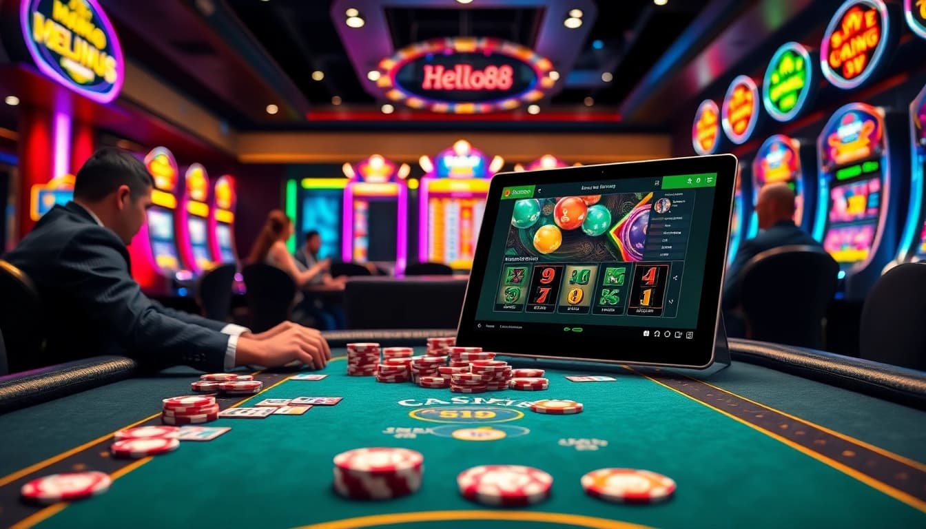 Hello88 casino players engaged in an intense poker game with vibrant betting chips and a high-tech interface.