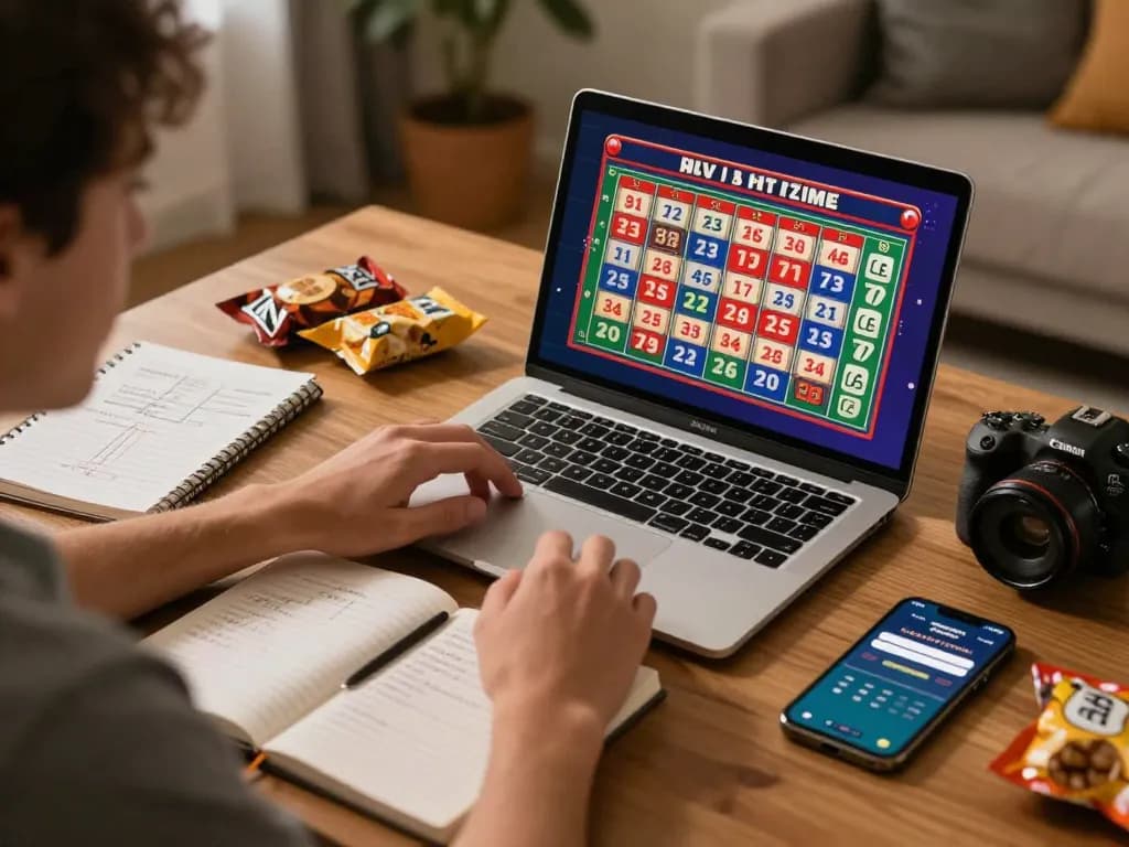 Player engaged in online lottery draw with keluaran togel tercepat displayed on laptop screen, cozy home atmosphere.