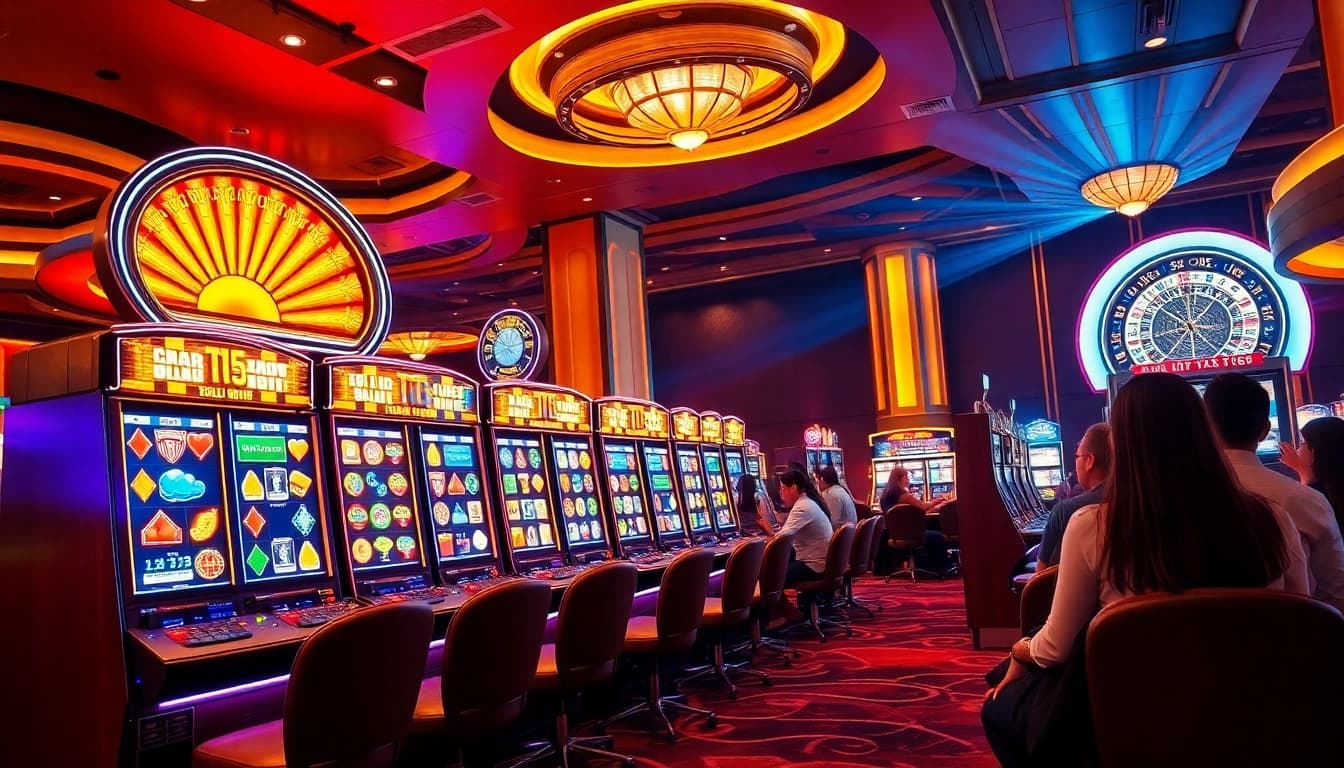 Players engaging with slot online machines in an exciting casino scene filled with colorful lights.