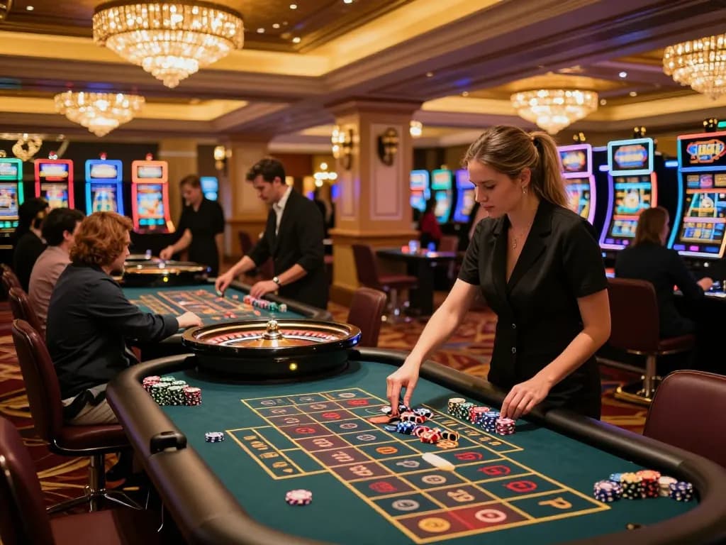 A bustling roulette table scene at U888 casino with players placing bets and croupiers managing the game