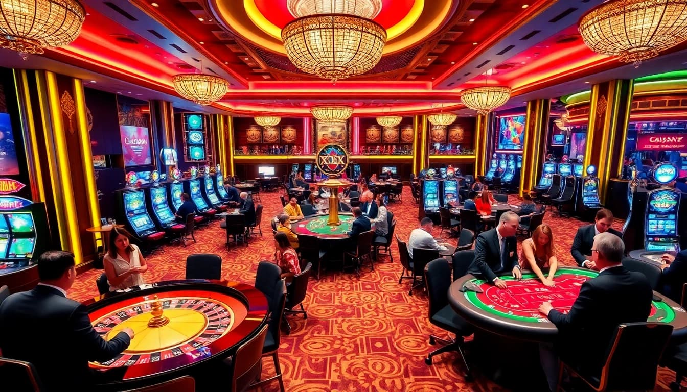 Players enjoying games at xx88 casino with dealers and vibrant slot machines.