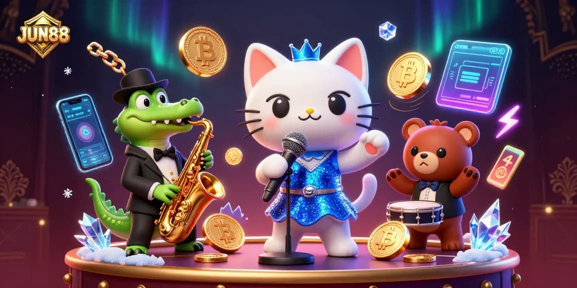 Experience the thrilling atmosphere of JUN88 with a dazzling 3D casino illustration featuring vibrant characters and cryptocurrency elements.