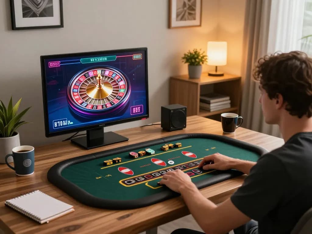 Player enjoying live dealer game at F168 online casino with laptop and warm lighting