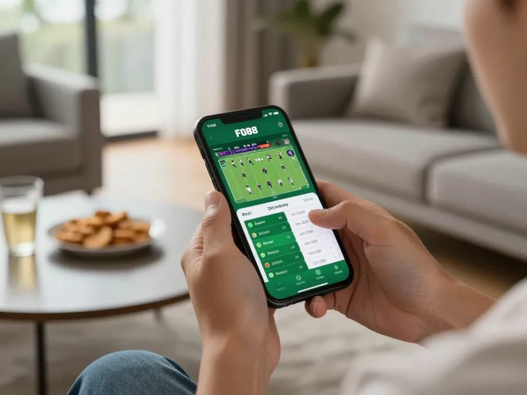 Engaging with FO88 sports betting app while enjoying casual home atmosphere.