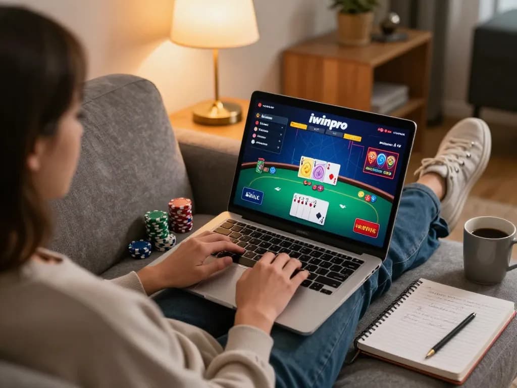 Engaging in online poker at home using iwinpro, showcasing a modern gaming setup with personal strategy notes.