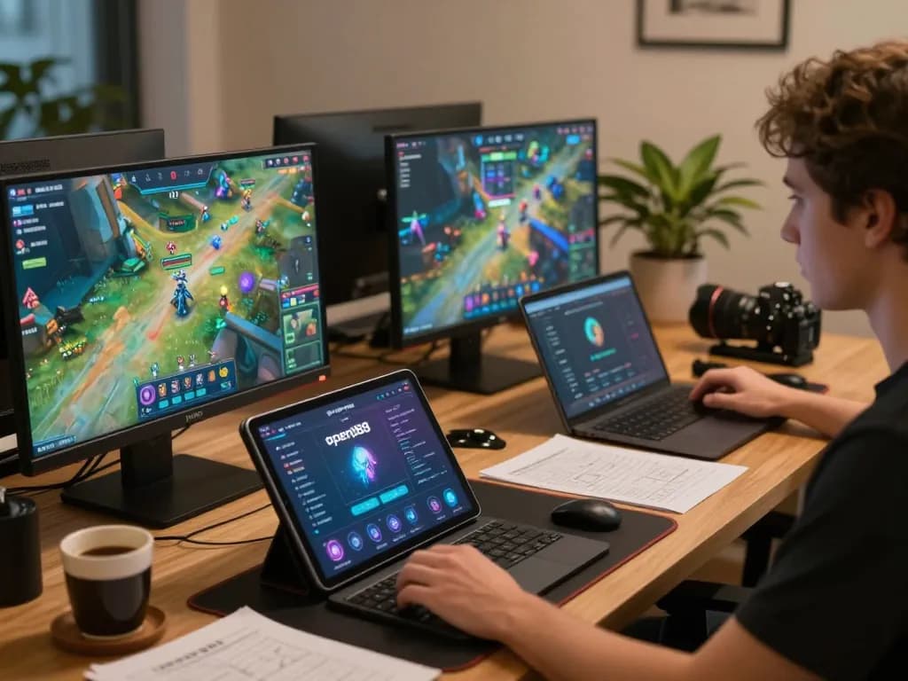 Engaging with open88 online casino platform on multiple screens in a cozy setup