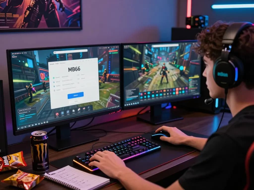 Nạp tiền MB66 through online gaming setup with dual monitors, user engaged in digital wallet transactions and gaming ambiance.