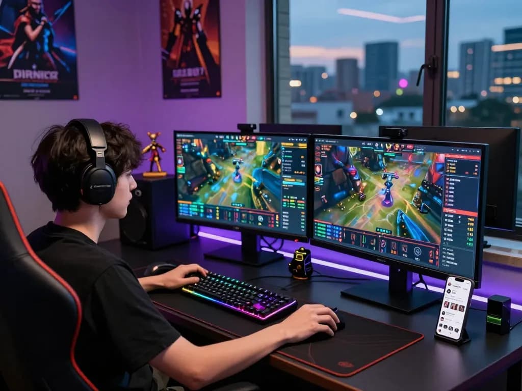 Dota 2 betting setup with live matches on screens, immersive gaming environment, and excited fan.