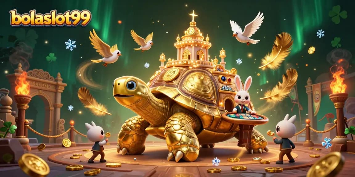 Experience thrilling gameplay with bolaslot99 at a dynamic casino scene featuring a golden tortoise and rabbit dealer.