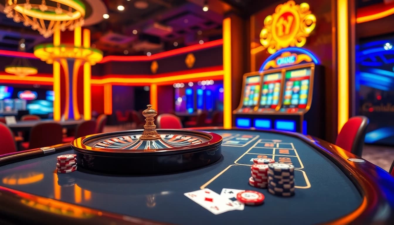 Engage in thrilling gameplay at qq88 com with vibrant tables, chips, and a roulette wheel.