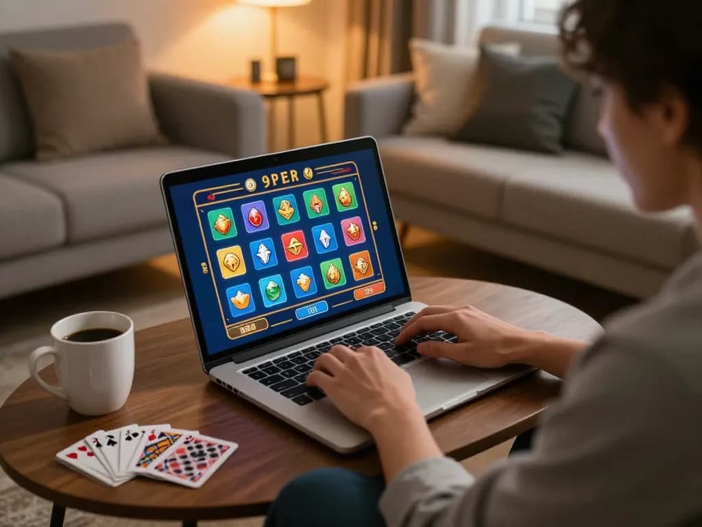 Engaging gaming session on TG777 platform showcases laptop gameplay in stylish home setting.
