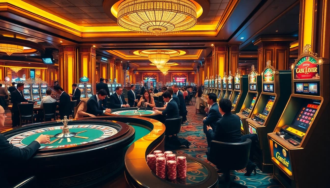 Engaging players at a game bài đổi thưởng table in a vibrant casino setting.