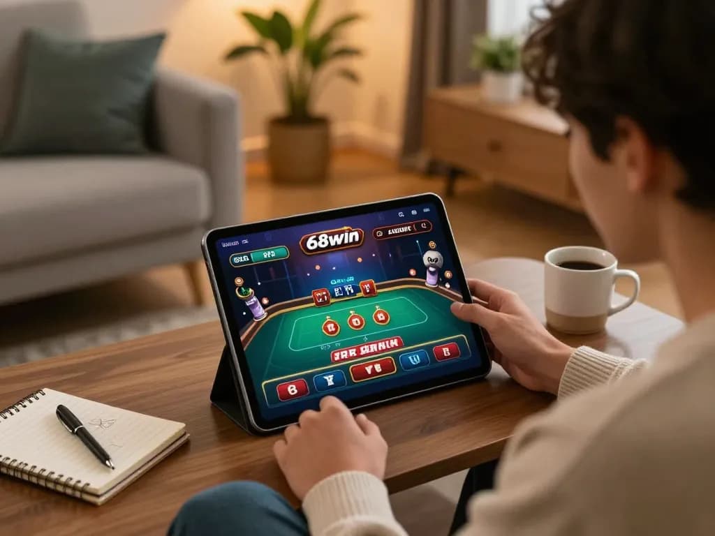 Player enjoying 68win casino app on a tablet in a cozy home setting, showcasing strategic online gaming.