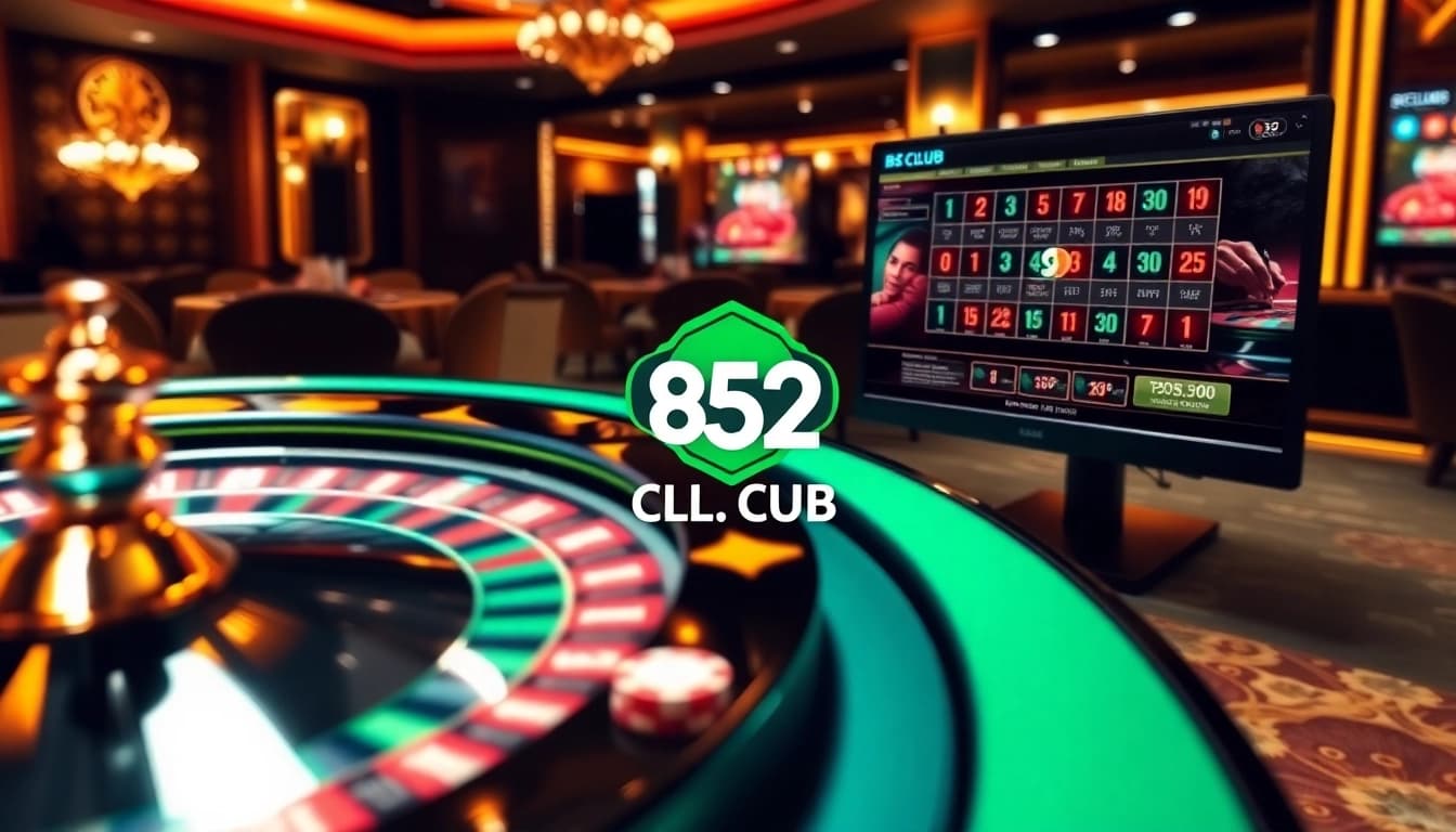 B52 CLUB enthusiastically playing at a modern online casino with poker chips and a roulette wheel.