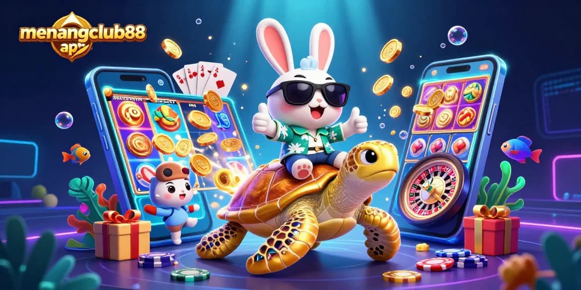 Engage with the thrilling menangclub88 apk as an adorable rabbit rides a golden turtle in a vibrant casino scene.