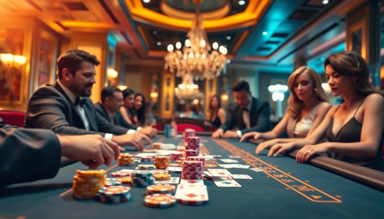 Experience the best online casino atmosphere with vibrant gaming tables and luxurious decor.